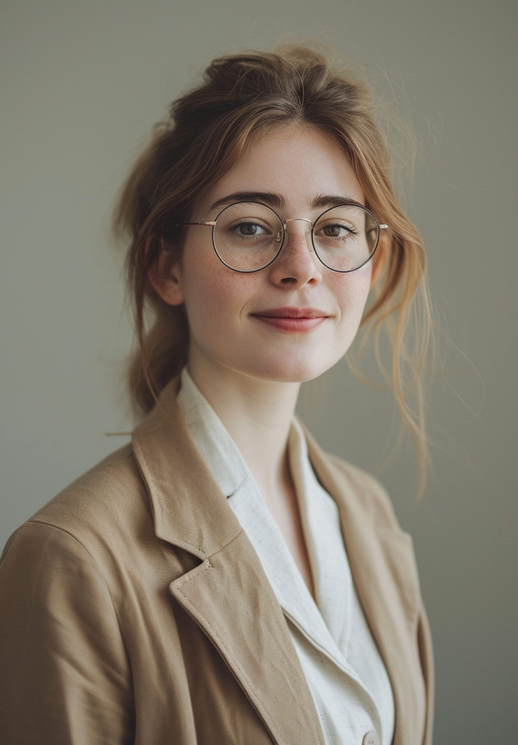 a woman in glasses smiling posing with a suit and brown eyes looking away, in the style of light beige and dark amber, hasselblad 1600f, polished craftsmanship, light red and white, transparent/translucent medium, traditional craftsmanship, school of london --ar 9:13 --style raw --v 6 Job ID: 43f296c5-313a-4575-b373-b0d7d5ae4e7a